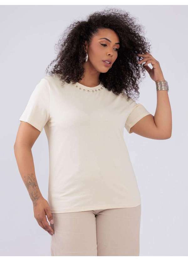 Susie Modas - T-Shirt Detalhe Metalico Gola Rosa Bege