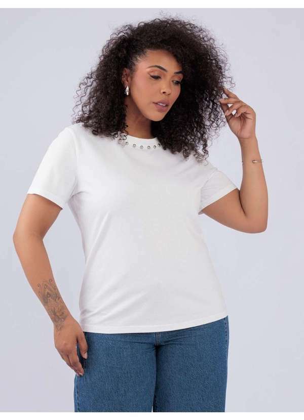Susie Modas - T-Shirt Detalhe Metalico Gola Rosa Branco 4