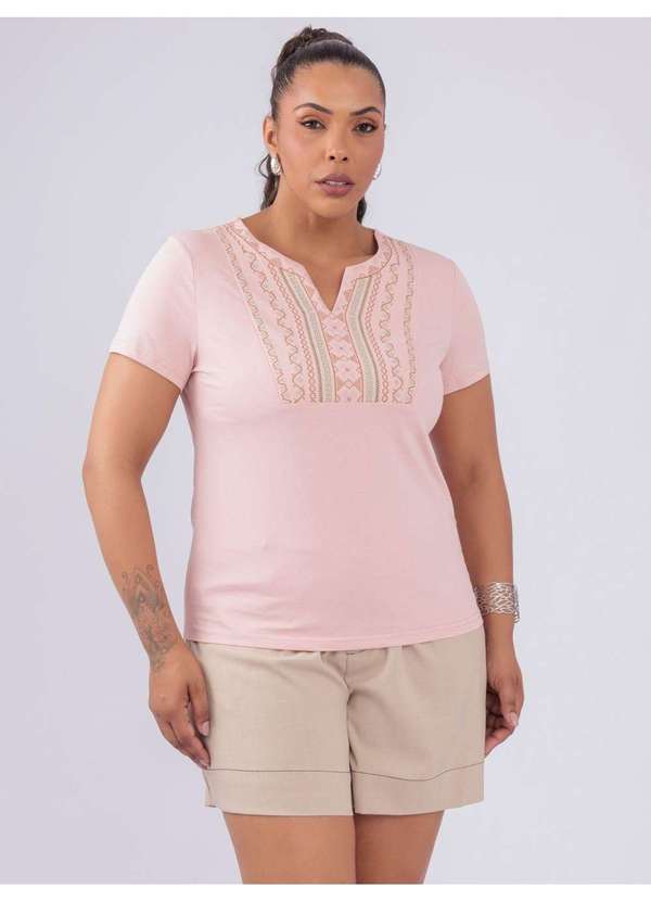 Susie Modas - T-Shirt Gola V Bordado Multicolor Rosa