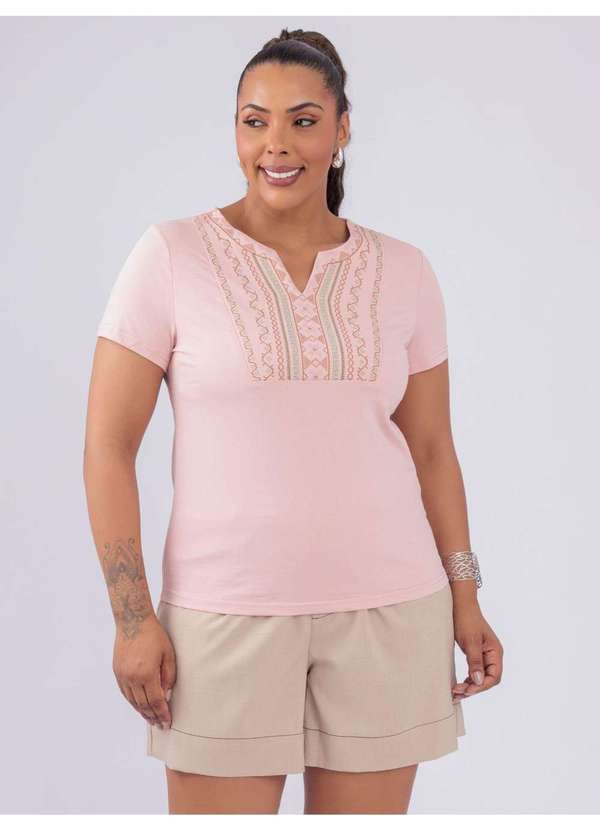 Susie Modas - T-Shirt Gola V Bordado Multicolor Rosa 4