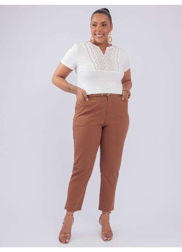 Susie Modas - T-Shirt Gola V Bordado Multicolor Branco