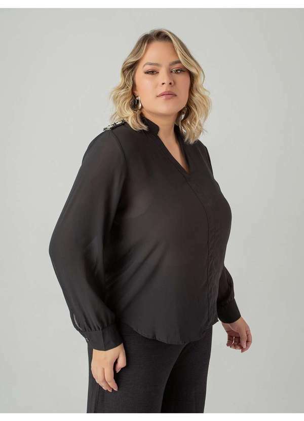 Susie Modas - Camisa Chiffon Detalhe Ombro Feminino Preto
