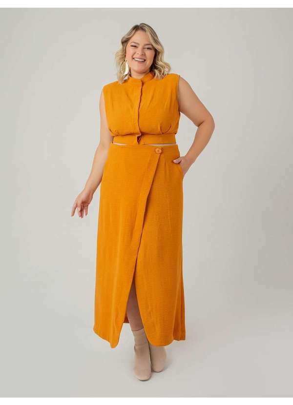 Susie Modas - Conjunto Cropped e Saia em Crepe Feminino Amarelo
