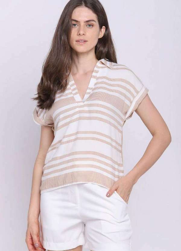 Polo Wear - Blusa Feminina Algodão Listrada Gola V Polo Wear Bege Claro Bege Claro