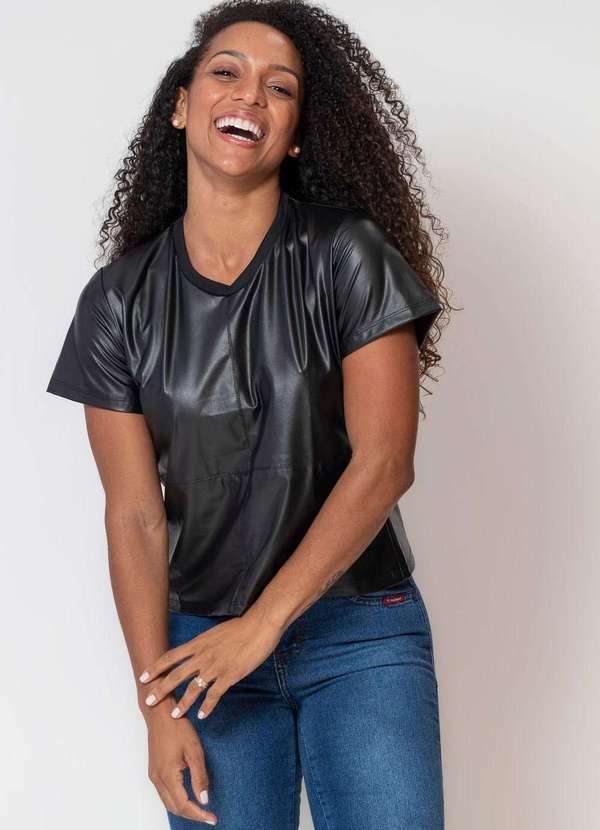 Polo Wear - Blusa Feminina Couro Pu Polo Wear Preto Preto