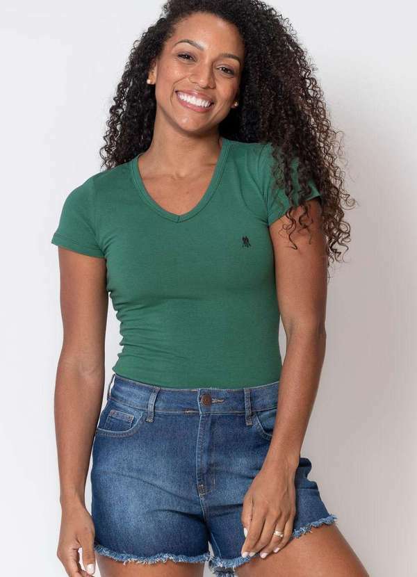 Polo Wear - Camiseta Feminina Decote V Polo Wear Verde Escuro Verde Escuro