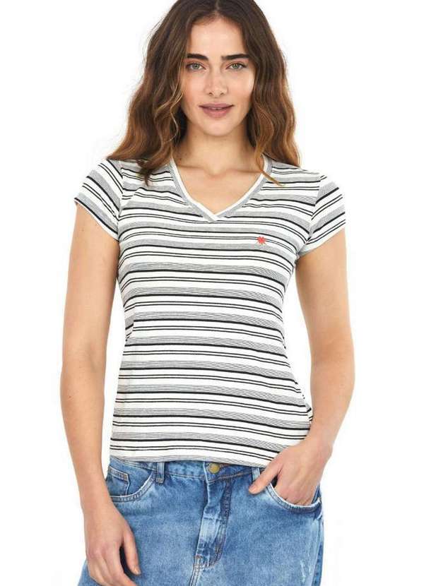 Polo Wear - Camiseta Feminina Malha Básica Listrada Polo Wear Branco Branco