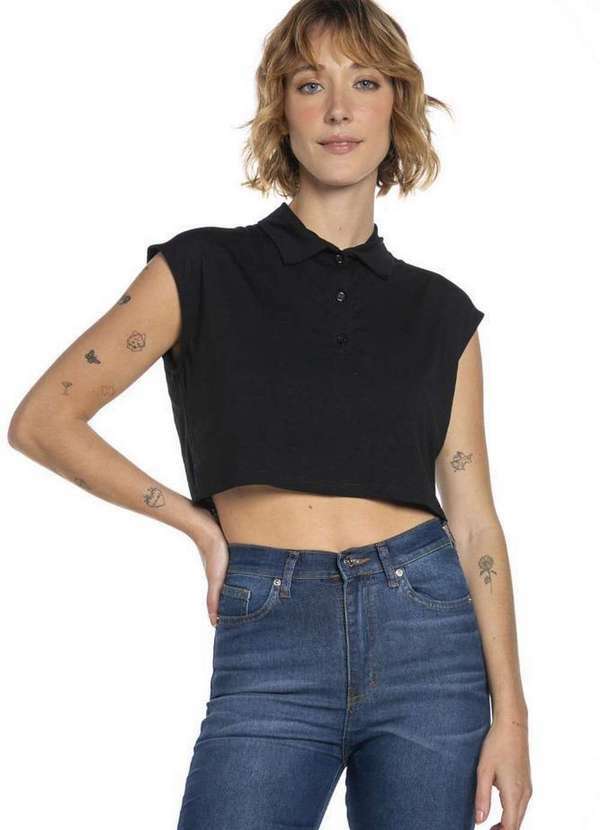 Polo Wear - Cropped Polo Feminino Malha Colarinho Polo Wear Preto Preto