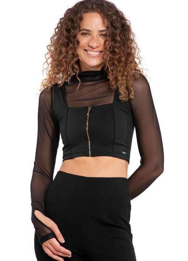 Polo Wear - Regata Curta Feminina Detalhe Zíper Polo Wear Preto Preto