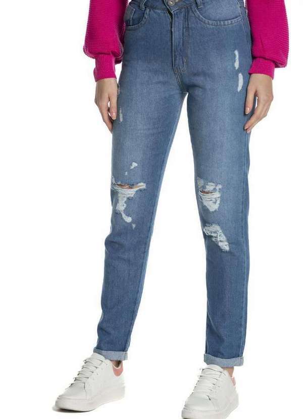 Polo Wear - Calça Feminina Jeans Mom Destroyed Polo Wear Jeans Médio Jeans Médio