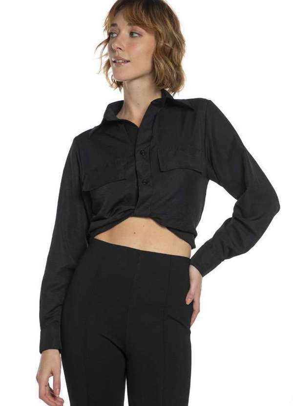 Polo Wear - Camisa Curta Feminina Malha Detalhes Polo Wear Preto Preto