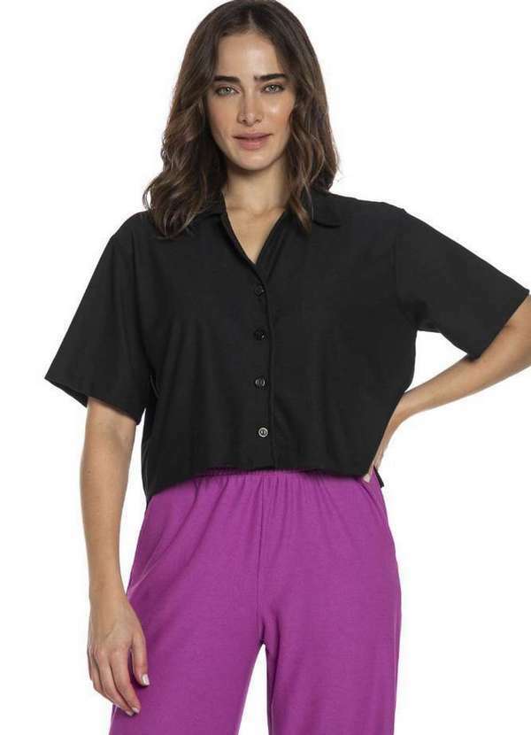 Polo Wear - Camisa Curta Feminina Malha Lisa Polo Wear Preto Preto