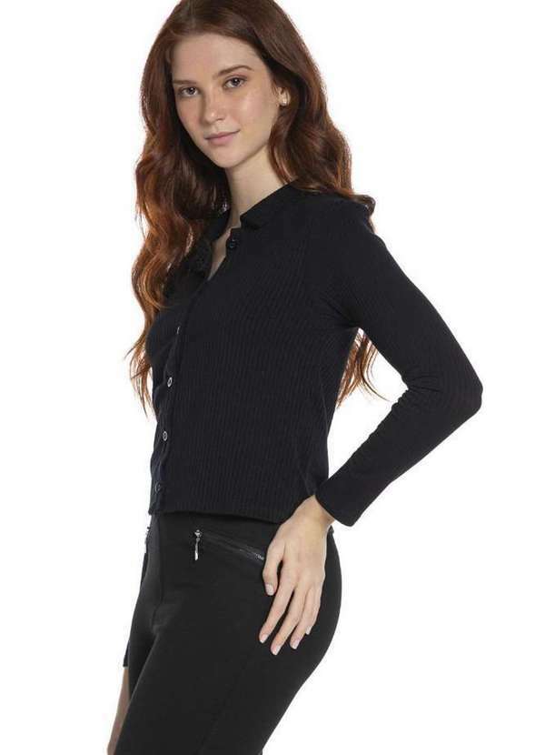 Polo Wear - Camisa Feminina Malha Canelada Polo Wear Preto Preto