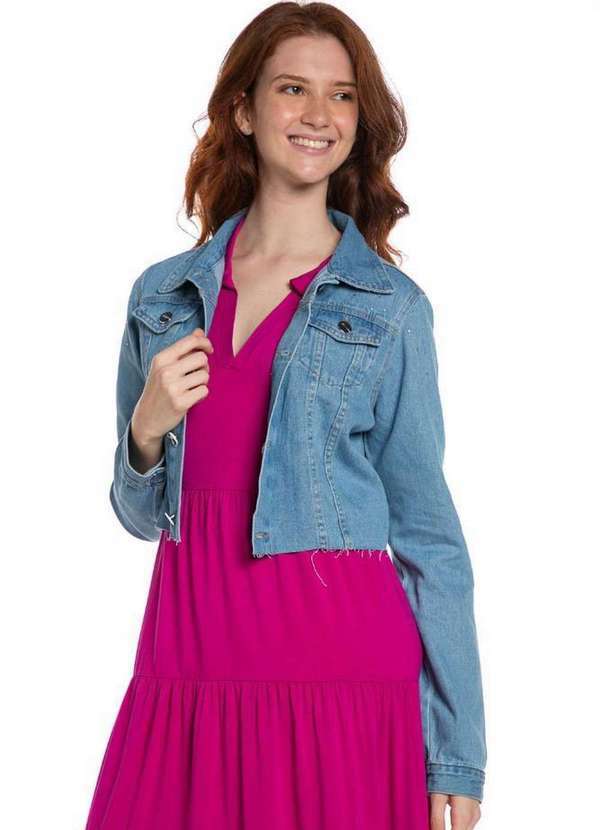 Polo Wear - Jaqueta Cropped Feminina Jeans Strass Polo Wear Jeans Claro Jeans Claro