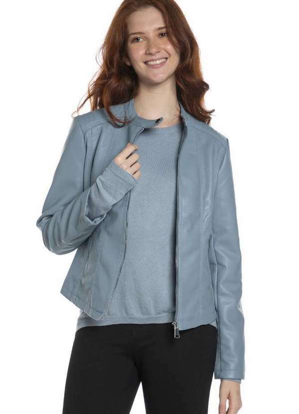 Polo Wear - Jaqueta Feminina Couro Pu Gola Alta Polo Wear Azul Médio Azul Médio