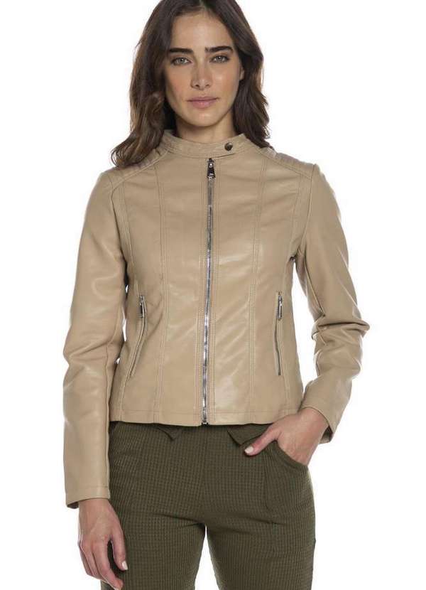 Polo Wear Jaqueta Feminina Couro Pu Gola Alta Polo Wear Bege Médio Bege  Médio