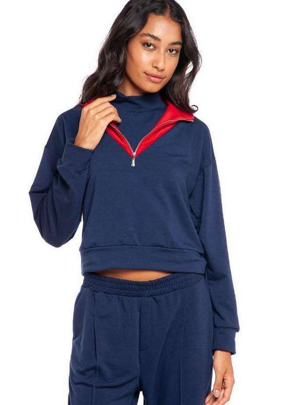 Polo Wear - Moletom Curto Feminino Malha Liso Polo Wear Azul Escuro Azul Escuro