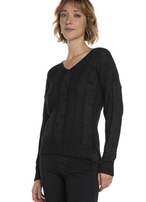 Polo Wear - Suéter Feminino Tricô Gola V Polo Wear Preto Preto