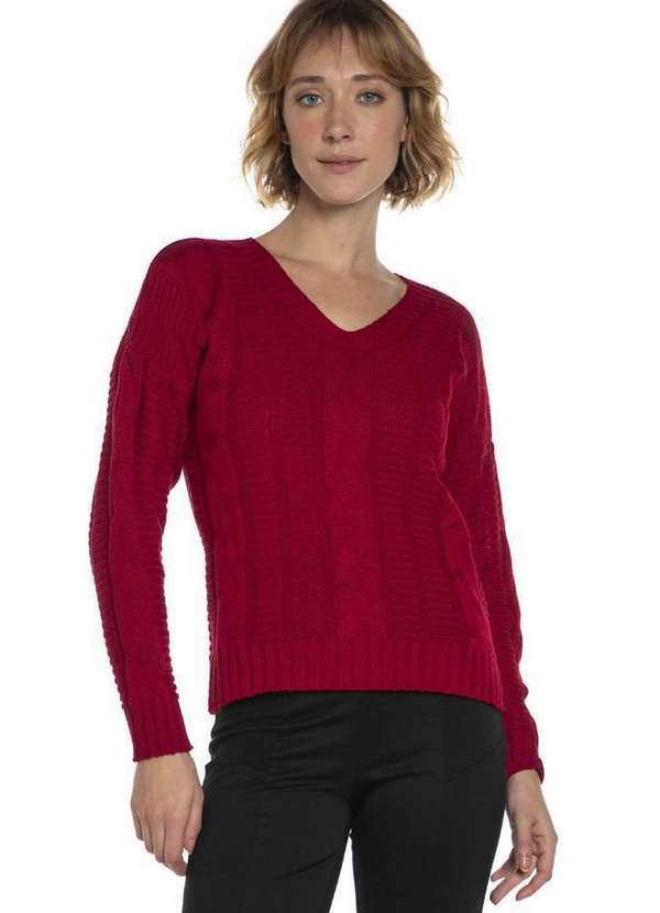 Polo Wear - Suéter Feminino Tricô Gola V Polo Wear Vermelho Escuro Vermelho Escuro