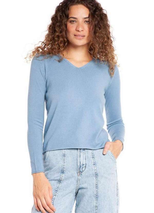 Polo Wear - Suéter Feminino Tricô Liso Gola V Polo Wear Azul Escuro Azul Escuro