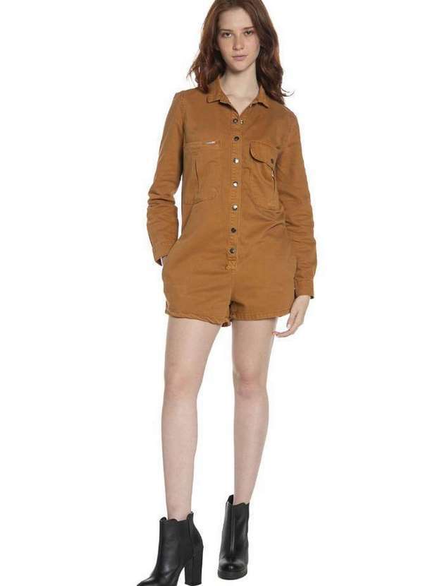 Polo Wear - Macaquinho Curto Feminino Sarja Liso Polo Wear Marrom Médio Marrom Médio