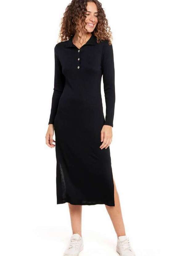Polo Wear - Vestido Midi Malha Coleção Colarinho Polo Wear Preto Preto