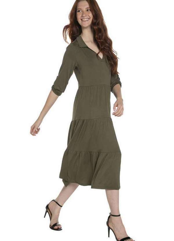 Polo Wear - Vestido Midi Malha Coleção Decote V Polo Wear Verde Escuro Verde Escuro
