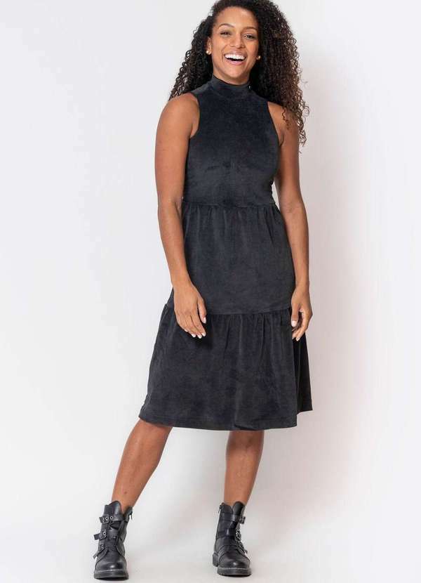 Polo Wear - Vestido Midi Veludo Gola Alta Polo Wear Preto Preto