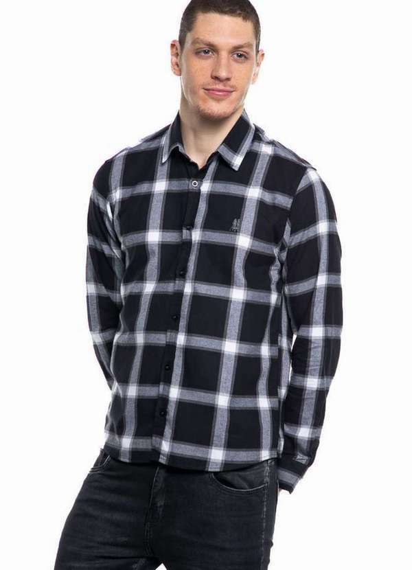 Polo Wear - Camisa Masculina Algodão Xadrez Polo Wear Preto Preto