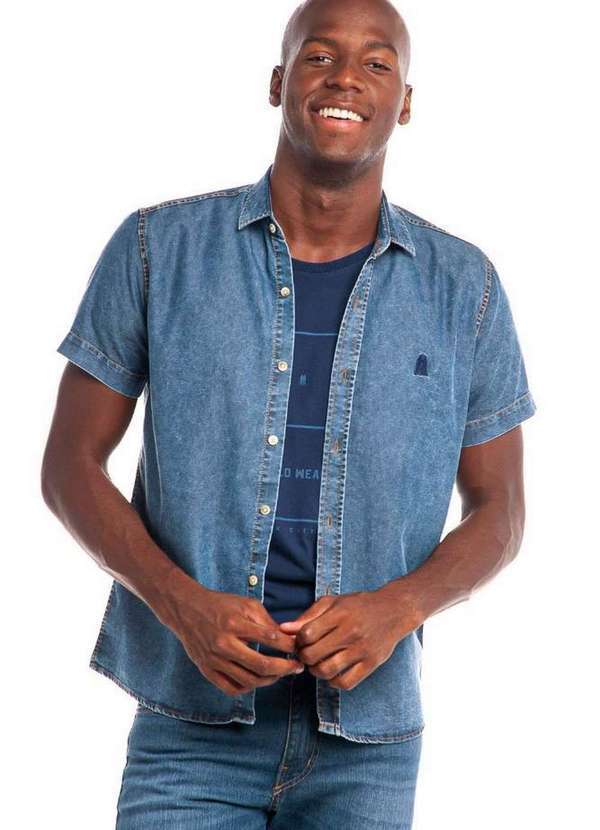 Polo Wear - Camisa Masculina Jeans Detalhe Bolsos Polo Wear Jeans Médio Jeans Médio