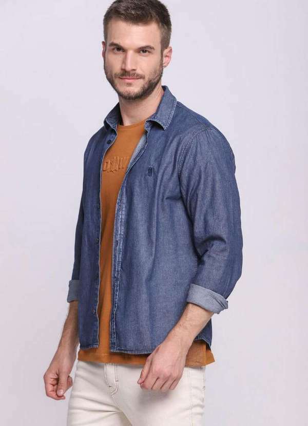 Polo Wear - Camisa Masculina Jeans Manga Longa Polo Wear Jeans Escuro Jeans Escuro