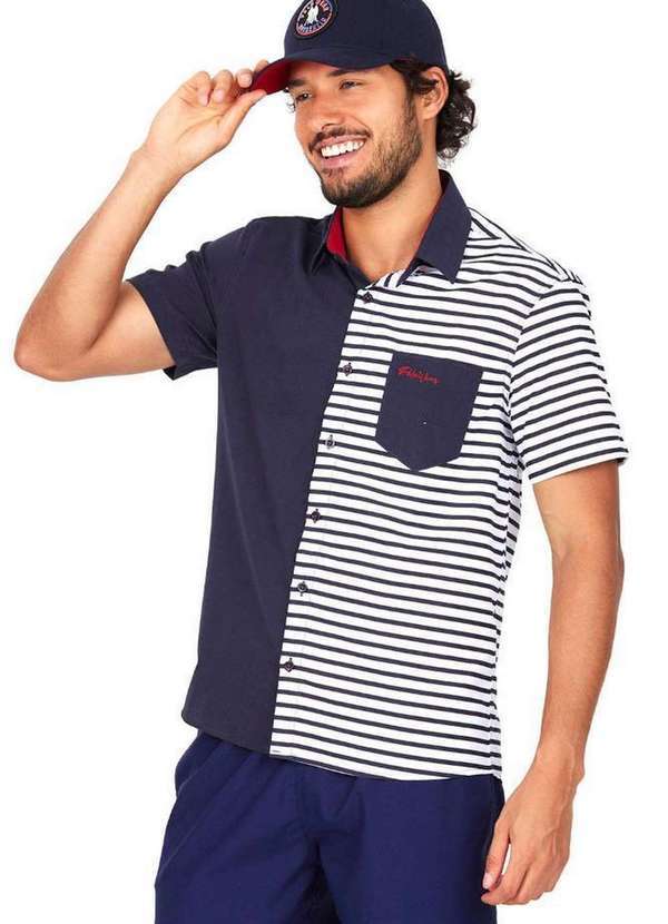 Polo Wear - Camisa Masculina Malha Dupla Estampa Polo Wear Azul Escuro Azul Escuro