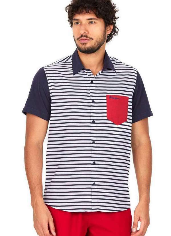 Polo Wear - Camisa Masculina Malha Listras Polo Wear Azul Escuro Azul Escuro