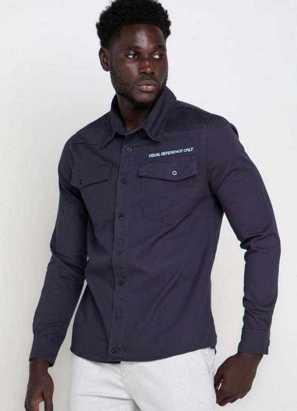 Polo Wear - Camisa Masculina Sarja Detalhe Bolsos Polo Wear Azul Escuro Azul Escuro