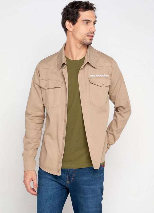 Polo Wear - Camisa Masculina Sarja Detalhe Bolsos Polo Wear Bege Médio Bege Médio