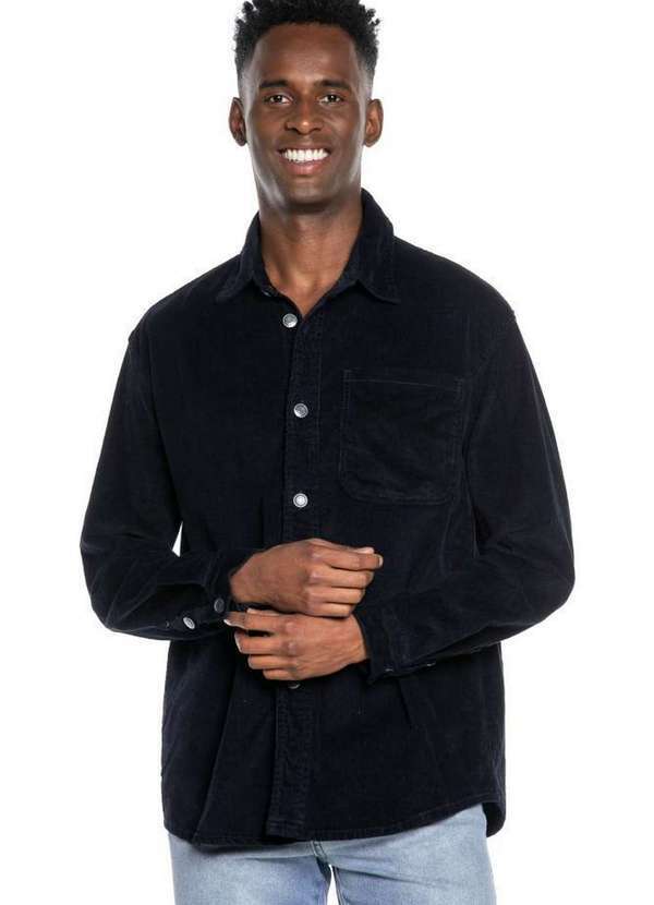 Polo Wear - Camisa Masculina Veludo com Bolso Polo Wear Azul Escuro Azul Escuro