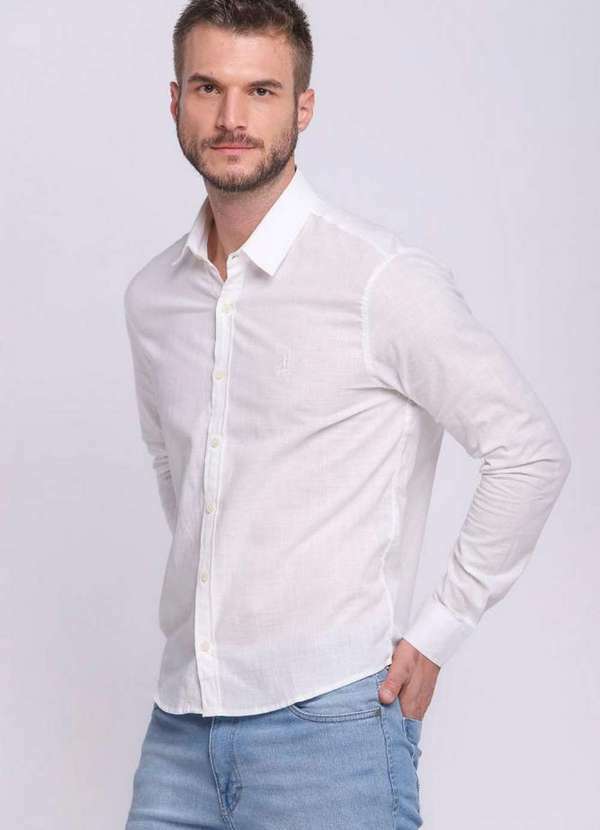Polo Wear - Camisa Masculina Viscolinho Manga Longa Polo Wear Branco Branco
