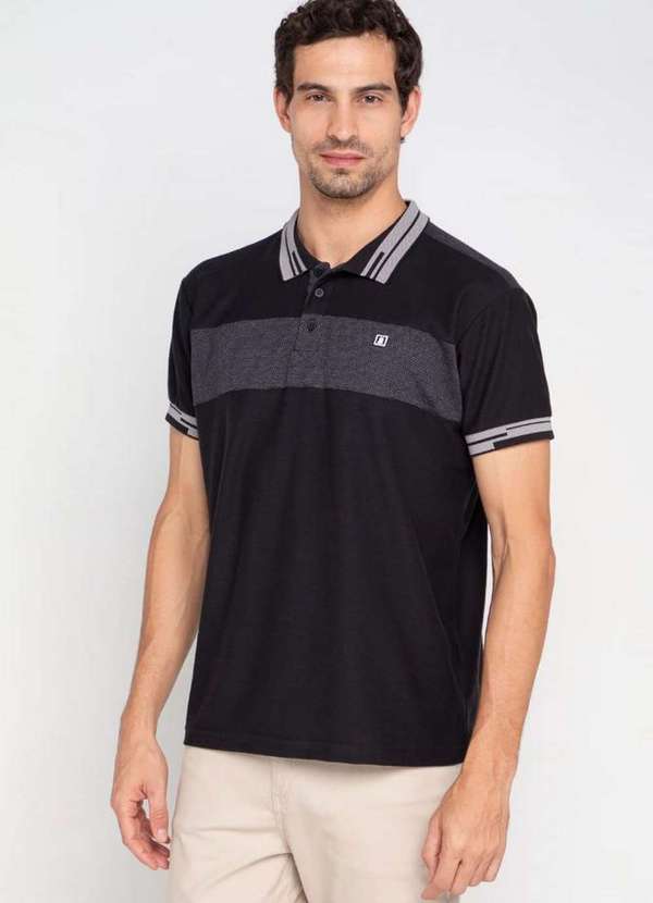 Polo Masculina Meia Malha Detalhes Gola Polo Wear Preto Preto