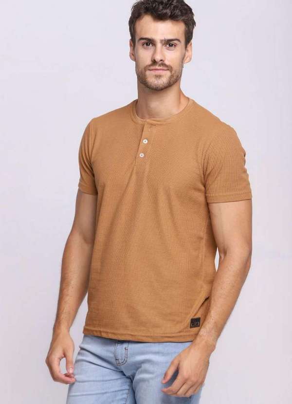 Polo Wear - Camiseta Masculina Gola Portuguesa Polo Wear Marrom Médio Marrom Médio