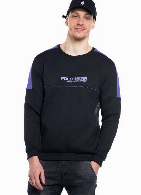 Polo Wear - Blusa Masculina Moletom Dual Recortes Polo Wear Preto Preto
