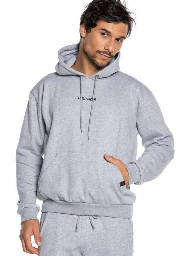 Polo Wear Blusa Masculina Moletom Logo Capuz Polo Wear Cinza Médio Cinza  Médio