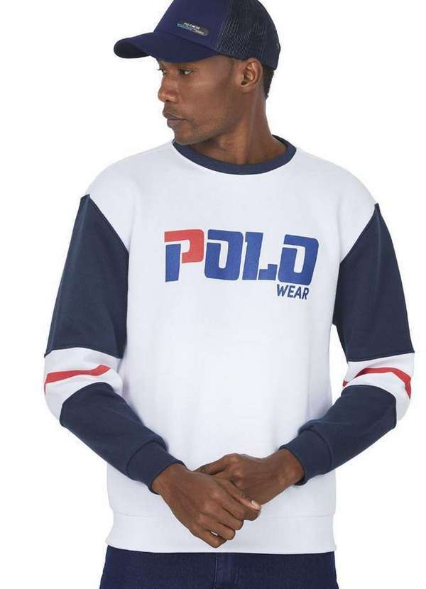 Polo Wear - Blusa Masculina Moletom Recortes Manga Polo Wear Branco Branco