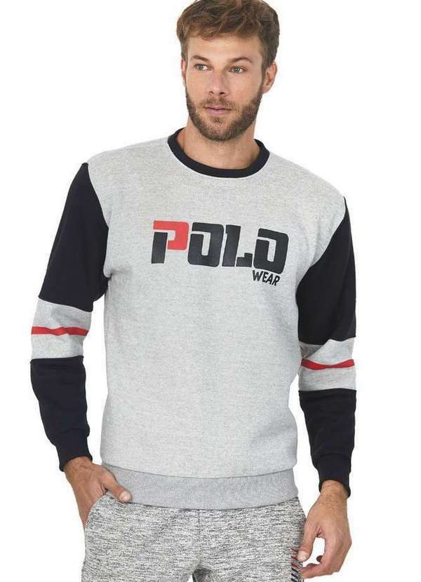Polo Wear - Blusa Masculina Moletom Recortes Manga Polo Wear Cinza Médio Cinza Médio