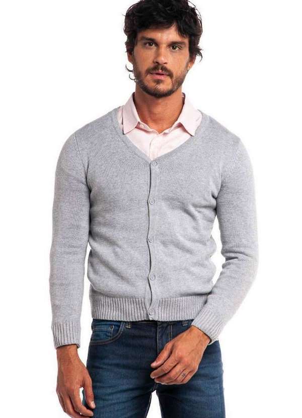 Polo Wear - Cardigan Masculino Tricot Liso Polo Wear Cinza Claro Cinza Claro