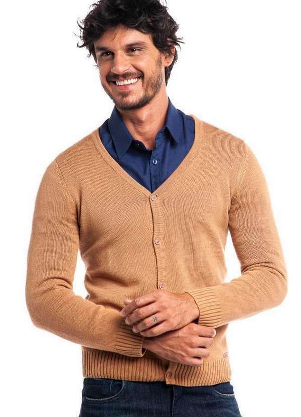 Polo Wear - Cardigan Masculino Tricot Liso Polo Wear Laranja Escuro Laranja Escuro