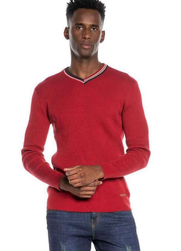 Polo Wear - Sueter Masculino Tricot Detalhe Gola Polo Wear Vermelho Escuro Vermelho Escuro