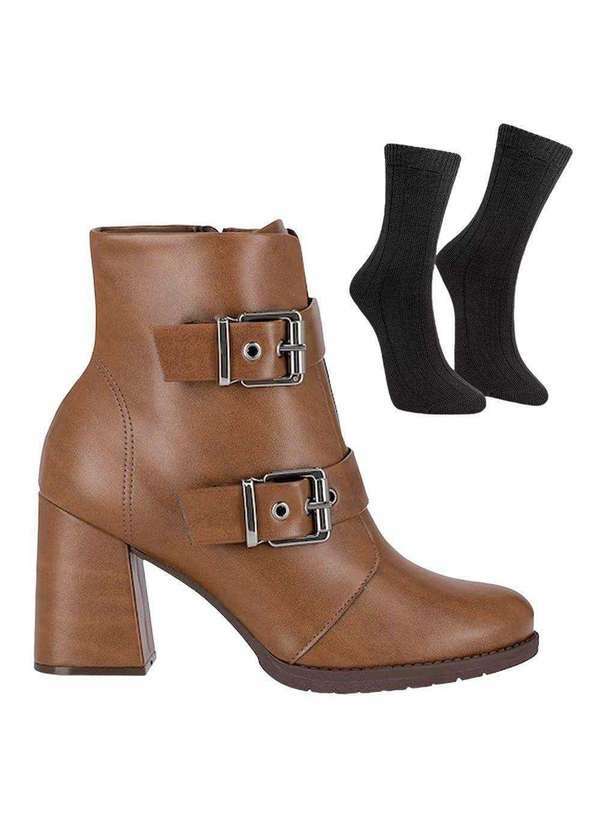 Piccadilly - Kit Bota Piccadilly Elisete Cano Médio Feminina e par de Meia Marrom
