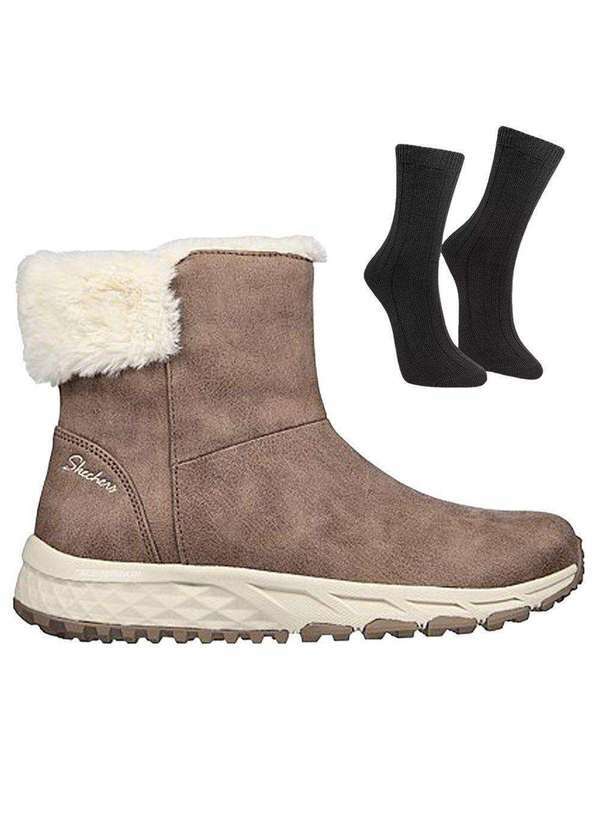 Skechers - Kit Bota Skechers Bikers Flaunt Feminina e par de Meia Marrom
