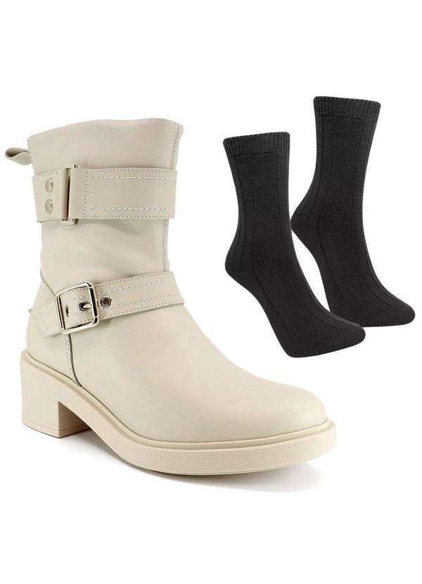 Usaflex - Kit Bota Usaflex Cano Médio Salto Bloco Feminina e par de Meia Bege