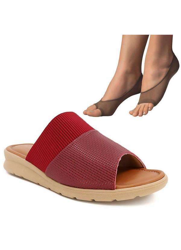 Usaflex - Kit Chinelo Usaflex Plataforma Feminino e 2 pares de Meias - Vermelho